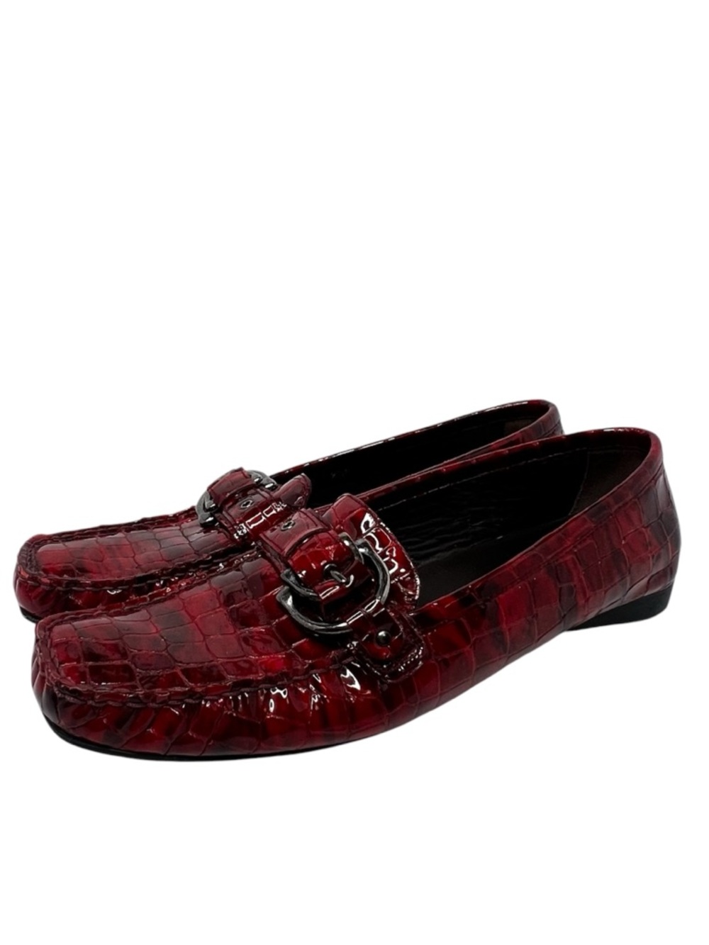Stuart Weitzman Patent Croc-Embossed Red Loafers with Buckle
